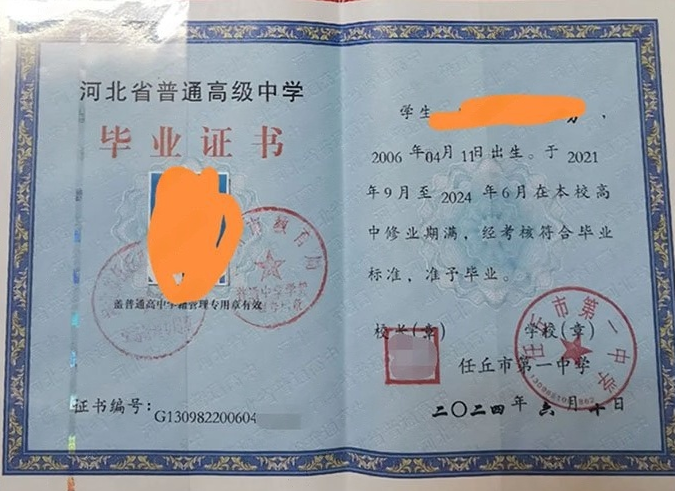 衢江任丘市第一中学高中毕业证样本图片